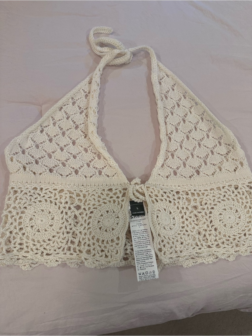SHEIN Cream Crochet Halter Tie-Back Crop Top
